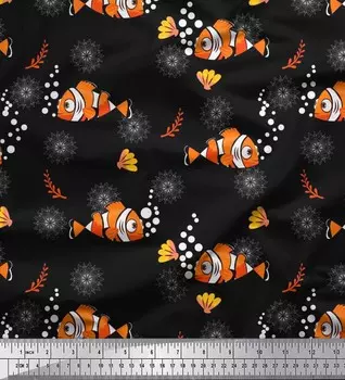 Soimoi Japan Crepe Satin Ткань с цветочным принтом, ракушками и рыбой с океанским принтом на метр 42 дюйма 42 Inch Wide - Poly Crepe синий