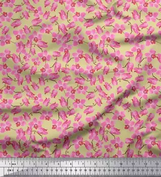 Soimoi Japan Crepe Satin Ткань с цветочным принтом орхидеи Швейная ткань метр 42 дюйма 42 Inch Wide - Poly Crepe бежевый