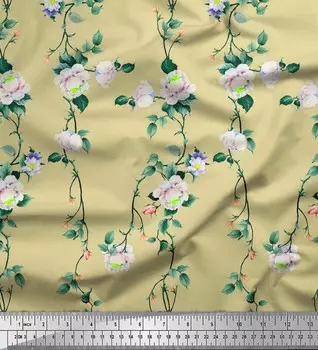 Soimoi Japan Crepe Satin Ткань с цветочным принтом и листьями пионов, швейная ткань, метр 42 дюйма 42 Inch Wide - Poly Crepe серый