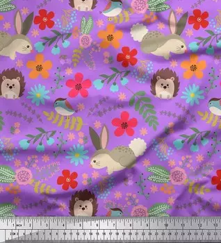 Soimoi Japan Crepe Satin Ткань с цветочным принтом, кроликом и дикобразом, мультяшная печатная ткань, 1 метр 42 дюйма 42 Inch Wide - Poly Crepe фиолетовый