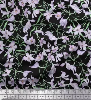 Soimoi Japan Crepe Satin Ткань с цветочным принтом листьев и диких цветов на метр 42 дюйма 42 Inch Wide - Poly Crepe фиолетовый