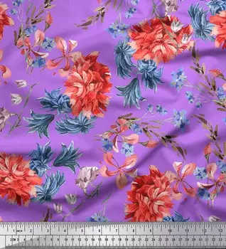 Soimoi Japan Crepe Satin Ткань с цветочным принтом Carnation & Myosotis на метр 42 дюйма 42 Inch Wide - Poly Crepe фиолетовый