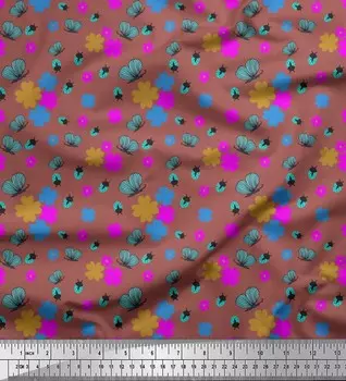 Soimoi Japan Crepe Satin Ткань с цветочным принтом, бабочкой и божьей коровкой, насекомые с принтом, швейная ткань, метр 42 дюйма 42 Inch Wide - Poly Crepe зелёный