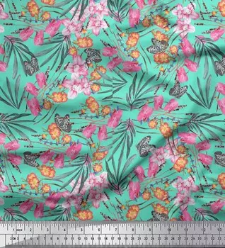 Soimoi Japan Crepe Satin Ткань с цветочным принтом Butterfly & Orchids на метр 42 дюйма 42 Inch Wide - Poly Crepe зелёный