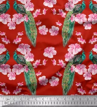 Soimoi Japan Crepe Satin Ткань с цветочным принтом и павлиньей птицей на метр 42 дюйма 42 Inch Wide - Poly Crepe серый