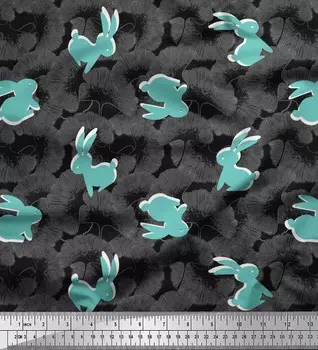 Soimoi Japan Crepe Satin Ткань с художественным цветочным и кроличьим принтом Ткань на метр 42 дюйма 42 Inch Wide - Poly Crepe чёрный