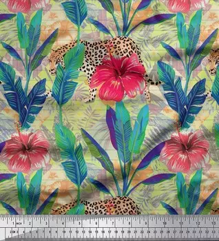Soimoi Japan Crepe Satin Ткань с леопардовым принтом, тропическими листьями и цветочным принтом на метр 42 дюйма 42 Inch Wide - Poly Crepe оранжевый