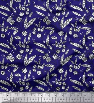 Soimoi Japan Crepe Satin Ткань с листьями и цветочным блочным принтом на метр 42 дюйма 42 Inch Wide - Poly Crepe синий