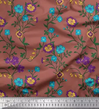 Soimoi Japan Crepe Satin Ткань с листьями и цветочным художественным принтом на метр 42 дюйма 42 Inch Wide - Poly Crepe коричневый