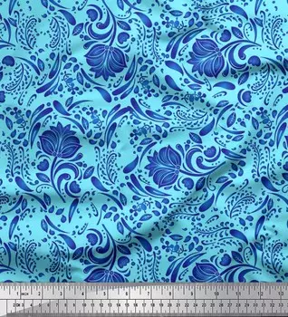 Soimoi Japan Crepe Satin Ткань с листьями и цветочным художественным принтом Швейная ткань метр 42 дюйма 42 Inch Wide - Poly Crepe синий