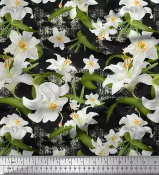 Soimoi Japan Crepe Satin Ткань с листьями и цветочными принтами лилий на метр 42 дюйма