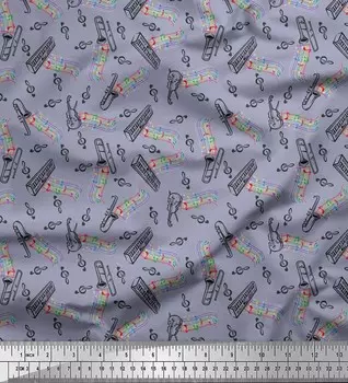 Soimoi Japan Crepe Satin Ткань с нотами, фортепиано и гитарой Музыкальный инструмент Набивная ткань 1 метр 42 дюйма 42 Inch Wide - Poly Crepe серый