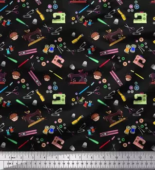 Soimoi Japan Crepe Satin Ткань с ножницами, пуговицами и машинным шитьем Ткань с набивным рисунком 1 метр 42 дюйма 42 Inch Wide - Poly Crepe белый