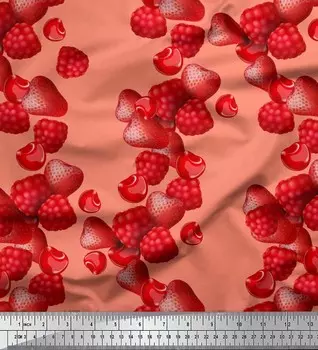 Soimoi Japan Crepe Satin Ткань с принтом малины, клубники и вишневых фруктов на метр 42 дюйма 42 Inch Wide - Poly Crepe оранжевый