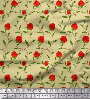 Soimoi Japan Crepe Satin Ткань с принтом листьев и фруктов клубники на метр 42 дюйма 42 Inch Wide - Poly Crepe бежевый