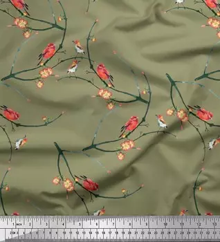 Soimoi Japan Crepe Satin Ткань с принтом Branch, Blossom & Robin Bird на метр 42 дюйма 42 Inch Wide - Poly Crepe зелёный