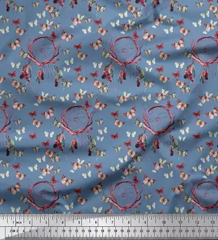 Soimoi Japan Crepe Satin Ткань с принтом Dream Catcher & Butterfly Print на метр 42 дюйма 42 Inch Wide - Poly Crepe синий