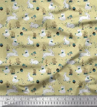 Soimoi Japan Crepe Satin Ткань с принтом грибов, желудей и кроликов, швейная ткань, метр 42 дюйма 42 Inch Wide - Poly Crepe бежевый