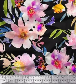 Soimoi Japan Crepe Satin Ткань с принтом листьев и цветов пиона на метр 42 дюйма 42 Inch Wide - Poly Crepe розовый