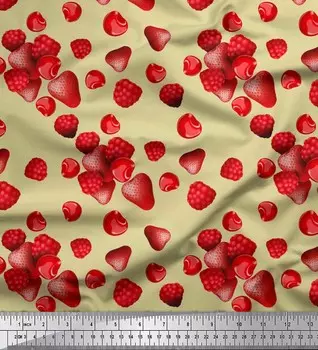 Soimoi Japan Crepe Satin Ткань с принтом малины, клубники и вишневых фруктов на метр 42 дюйма 42 Inch Wide - Poly Crepe синий