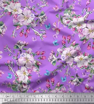 Soimoi Japan Crepe Satin Ткань с принтом бабочки, листьев и лютика 1 метр 42 дюйма 42 Inch Wide - Poly Crepe оранжевый