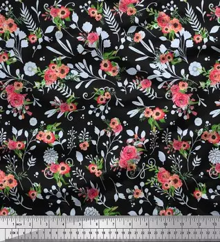 Soimoi Japan Crepe Satin Ткань с принтом в виде листьев мака и цветка анемона на метр 42 дюйма 42 Inch Wide - Poly Crepe синий