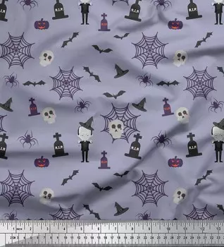 Soimoi Japan Crepe Satin Ткань с принтом летучей мыши, черепа и ведьмы на метр 42 дюйма 42 Inch Wide - Poly Crepe жёлтый