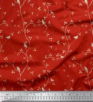 Soimoi Japan Crepe Satin Ткань с принтом ветвей, листьев и птиц на метр 42 дюйма 42 Inch Wide - Poly Crepe оранжевый