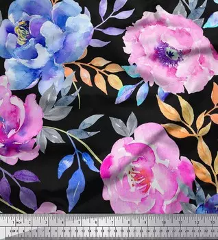 Soimoi Japan Crepe Satin Ткань с принтом листьев и цветов пиона на метр 42 дюйма 42 Inch Wide - Poly Crepe красный