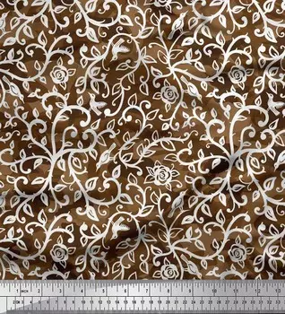 Soimoi Japan Crepe Satin Ткань с принтом листьев, птиц и роз, 1 метр 42 дюйма 42 Inch Wide - Poly Crepe синий