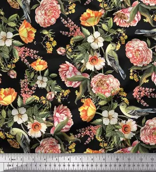 Soimoi Japan Crepe Satin Ткань с принтом листьев, птиц и цветов камелии на метр 42 дюйма 42 Inch Wide - Poly Crepe чёрный