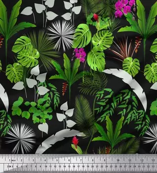 Soimoi Japan Crepe Satin Ткань с тропическим принтом Orchid, Palm & Monstera на метр 42 дюйма 42 Inch Wide - Poly Crepe серый