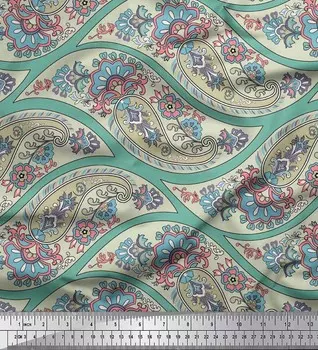 Soimoi Japan Crepe Satin Ткань с волнами, цветочным принтом и тканью с принтом Пейсли на метр 42 дюйма 42 Inch Wide - Poly Crepe зелёный