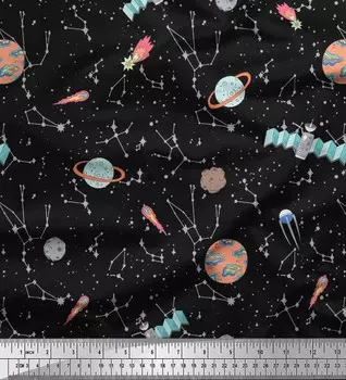 Soimoi Japan Crepe Satin Ткань Star, Satellite & Planet Galaxy Ткань с принтами на метр 42 дюйма 42 Inch Wide - Poly Crepe зелёный