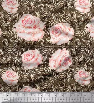 Soimoi Japan Crepe Satin Ткань в клетку и розы с цветочным принтом Швейная ткань метр 42 дюйма 42 Inch Wide - Poly Crepe розовый