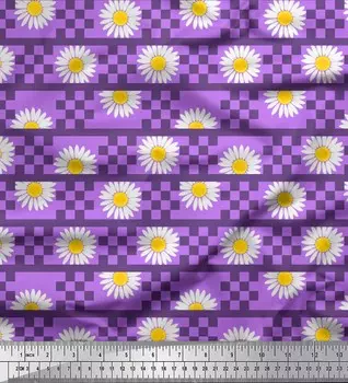 Soimoi Japan Crepe Satin Ткань в полоску, квадратную и ромашку с цветочным принтом на метр 42 дюйма 42 Inch Wide - Poly Crepe фиолетовый