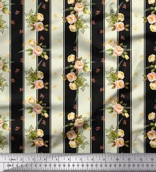 Soimoi Japan Crepe Satin Ткань в полоску, листья и розы с цветочным принтом 1 метр 42 дюйма 42 Inch Wide - Poly Crepe серый