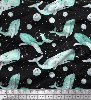 Soimoi Japan Crepe Satin Ткань Звезда, Луна и Кит Океанский принт Швейная ткань метр 42 дюйма 42 Inch Wide - Poly Crepe синий