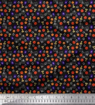 Soimoi Japan Crepe Satin Trophy, часы с таймером и баскетбольный спортивный декор, ткань с принтом, метр 42 дюйма 42 Inch Wide - Poly Crepe чёрный