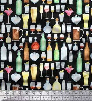 Soimoi Japan Креп-атласная ткань Бутылка, винный и пивной бар с принтом на метр 42 дюйма 42 Inch Wide - Poly Crepe синий