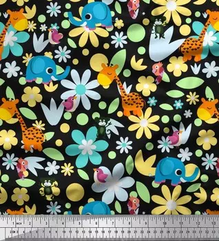 Soimoi Японский креп-сатин с цветочным принтом, птицами и животными, ткань для рукоделия шириной 42 дюйма по метрам 42 Inch Wide - Poly Crepe золотой