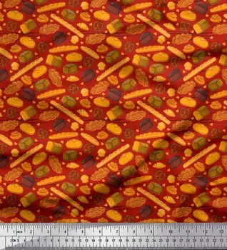 Soimoi Japan Креп-атласная ткань Крендели, кексы и багеты Пищевая ткань с принтом на метр 42 дюйма 42 Inch Wide - Poly Crepe красный