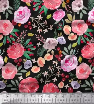 Soimoi Japan креп-атласная ткань листья и камелии акварельный принт швейная ткань метр 42 дюйма 42 Inch Wide - Poly Crepe красный