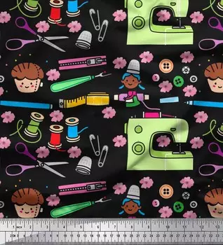 Soimoi Japan креп-атласная ткань ножницы, пуговицы и машина для шитья декоративная ткань с принтом метр 42 дюйма 42 Inch Wide - Poly Crepe чёрный