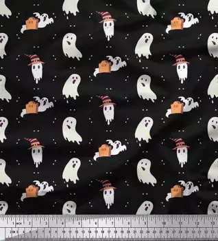Soimoi Japan Креп-Атласная Ткань Призрачный Хэллоуин Ткань с принтом 1 метр 42 дюйма 42 Inch Wide - Poly Crepe чёрный