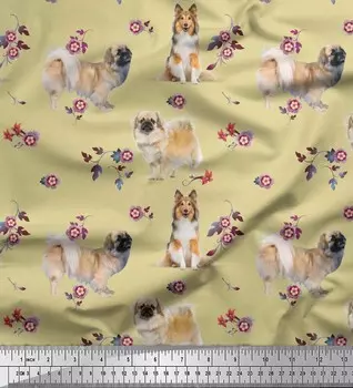 Soimoi Japan креп-атласная ткань с цветочным принтом, тканью с принтом собак Шелти и пекинесов на метр 42 дюйма 42 Inch Wide - Poly Crepe бежевый