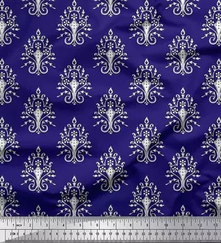 Soimoi Japan креп-атласная ткань с листьями, цветочным и пейсли-блочным принтом на метр 42 дюйма 42 Inch Wide - Poly Crepe синий