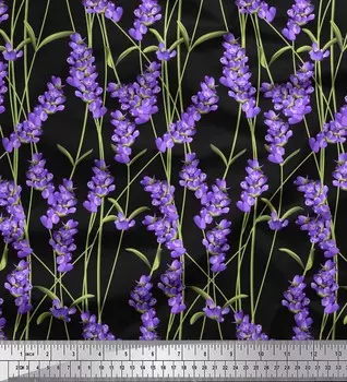 Soimoi Japan креп-атласная ткань с листьями и лавандовой рубашкой с принтом на метр 42 дюйма 42 Inch Wide - Poly Crepe зелёный