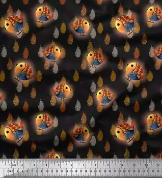 Soimoi Japan креп-атласная ткань с мультяшными принтами перьев и птиц на метр 42 дюйма 42 Inch Wide - Poly Crepe чёрный