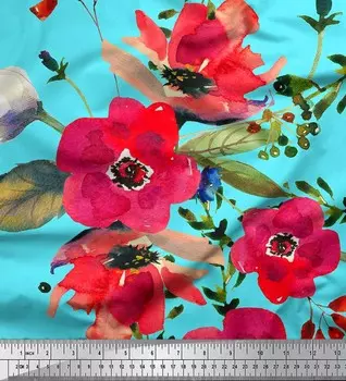 Soimoi Japan креп-атласная ткань с принтом листьев и цветов мака, швейная ткань, метр 42 дюйма 42 Inch Wide - Poly Crepe зелёный